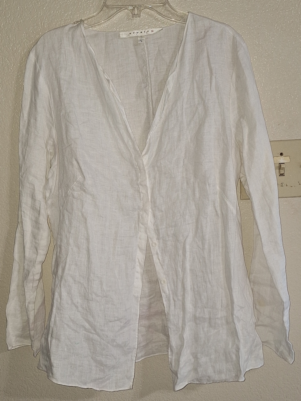 Studio M White Linen Button-Front Women's Blouse Long Sleeve SzL